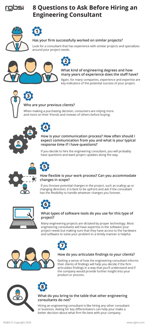 8 Questions to ask engineering consultant infographic