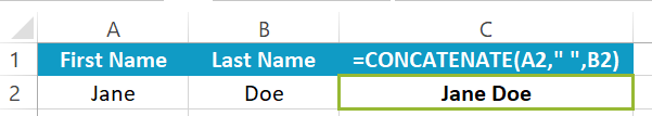 Example of Excel concatenate function